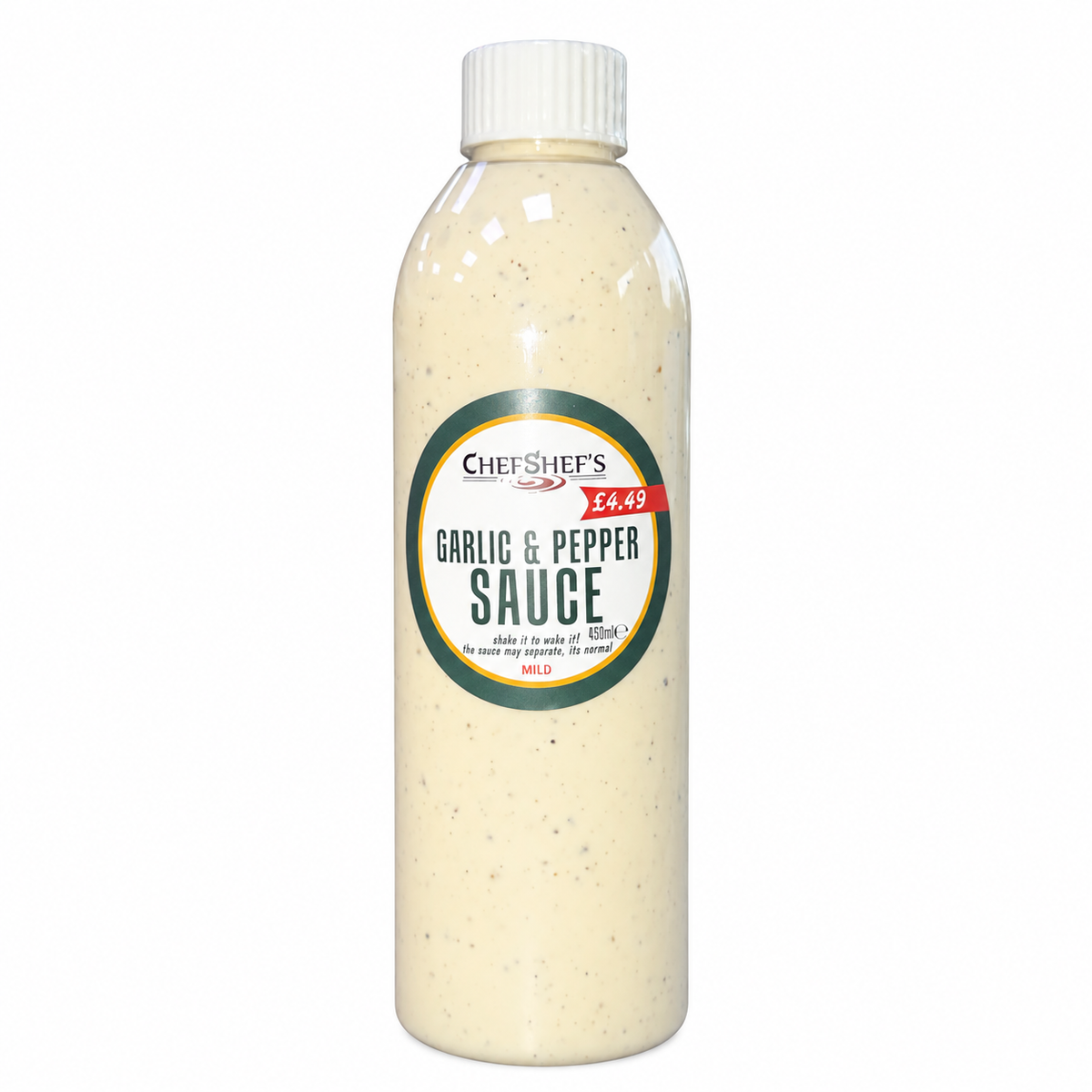 Chef Shef's Garlic & Pepper Sauce 450ml full bottle on a white background