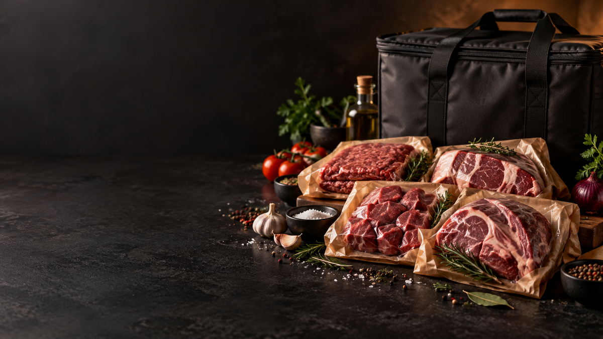 Selection of fresh butcher cuts arranged on a dark surface